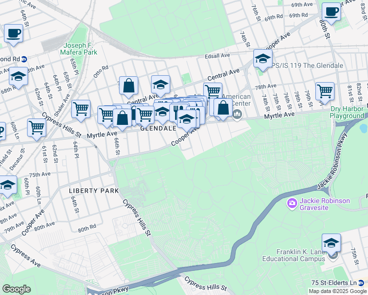 map of restaurants, bars, coffee shops, grocery stores, and more near 6907 Cooper Avenue in Queens