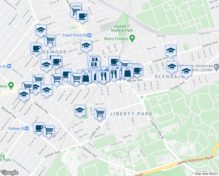 map of restaurants, bars, coffee shops, grocery stores, and more near 6207 Myrtle Avenue in Queens