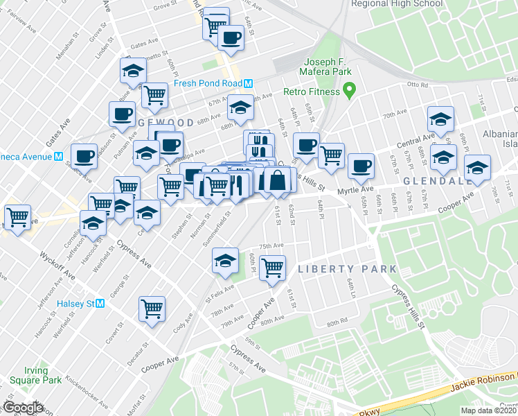 map of restaurants, bars, coffee shops, grocery stores, and more near 60-63 Myrtle Avenue in Queens