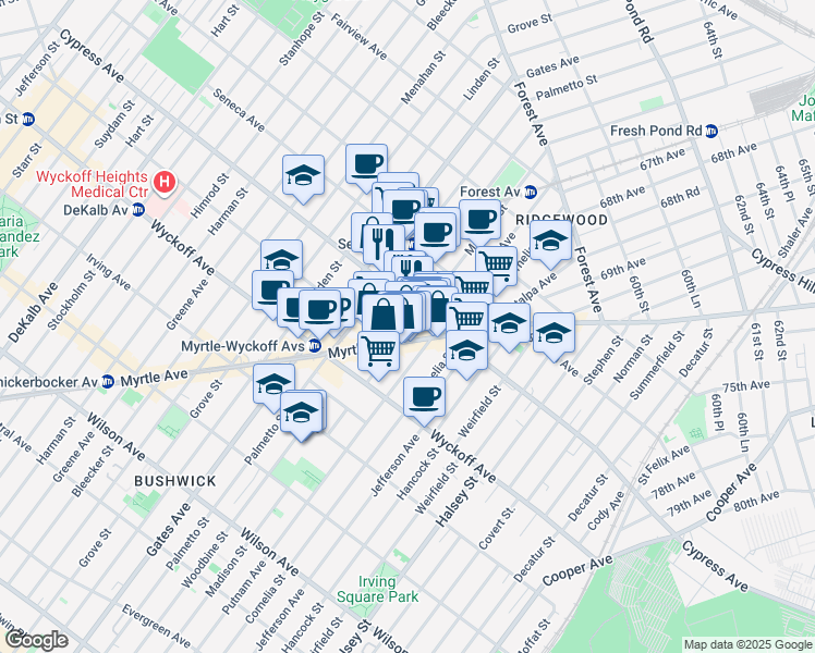 map of restaurants, bars, coffee shops, grocery stores, and more near 1684 Woodbine Street in Queens