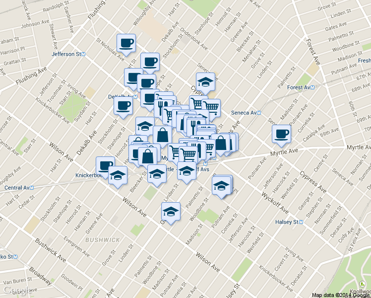 map of restaurants, bars, coffee shops, grocery stores, and more near in Brooklyn