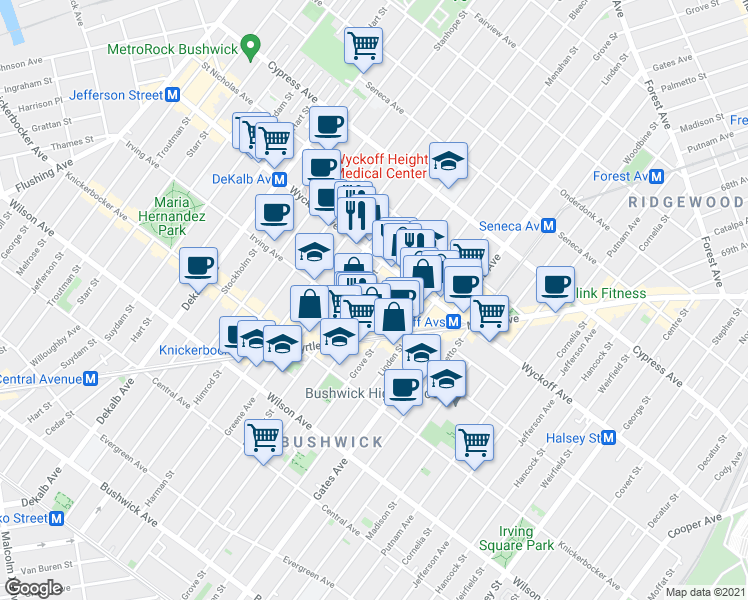 map of restaurants, bars, coffee shops, grocery stores, and more near 337 Bleecker Street in Brooklyn