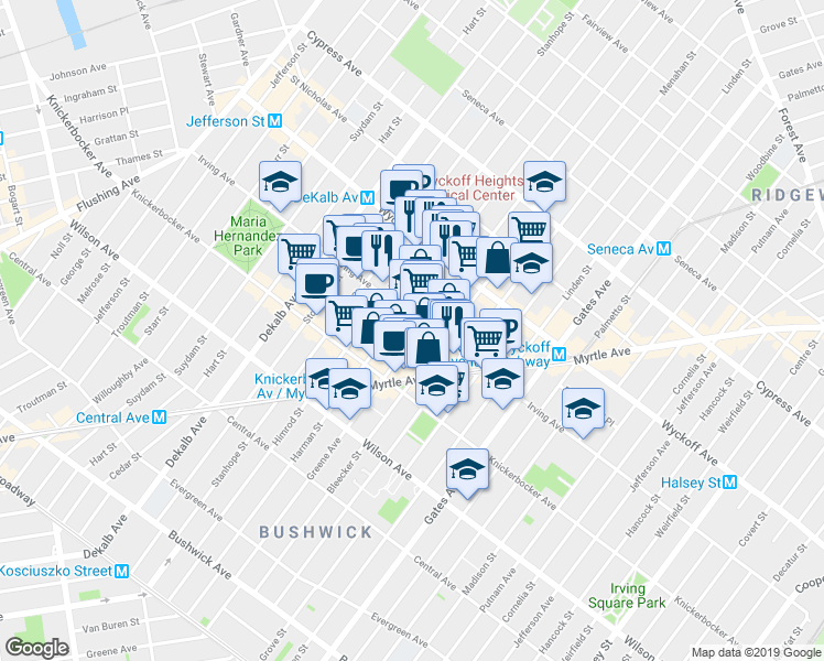 map of restaurants, bars, coffee shops, grocery stores, and more near 1395 Greene Avenue in Brooklyn
