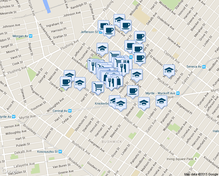 map of restaurants, bars, coffee shops, grocery stores, and more near in Brooklyn