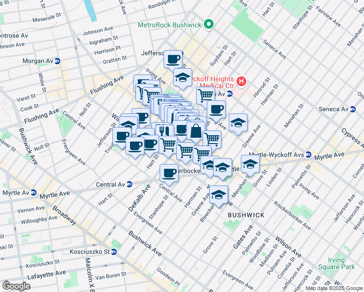 map of restaurants, bars, coffee shops, grocery stores, and more near 342 Knickerbocker Avenue in Brooklyn