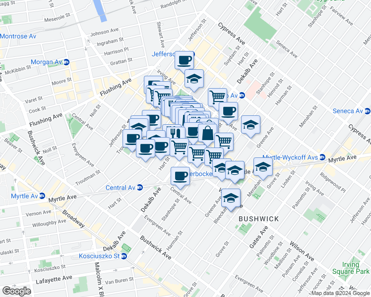 map of restaurants, bars, coffee shops, grocery stores, and more near 342 Knickerbocker Avenue in Brooklyn