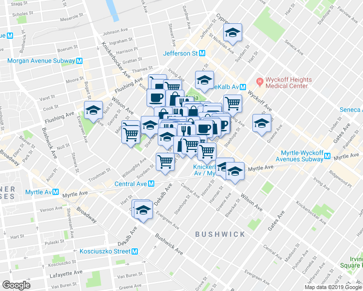 map of restaurants, bars, coffee shops, grocery stores, and more near 228 Suydam Street in Brooklyn