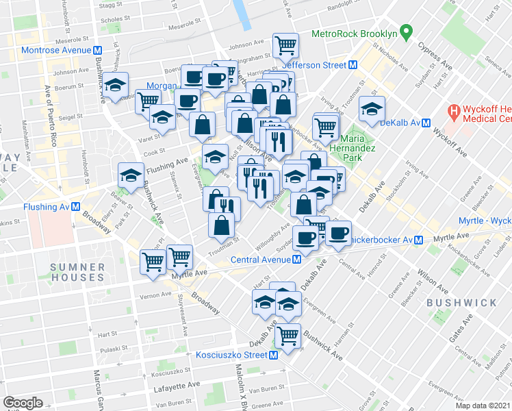 map of restaurants, bars, coffee shops, grocery stores, and more near 69 Melrose Street in Brooklyn