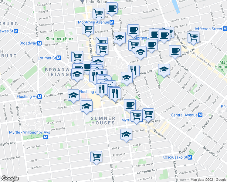 map of restaurants, bars, coffee shops, grocery stores, and more near 39 Fayette Street in Brooklyn