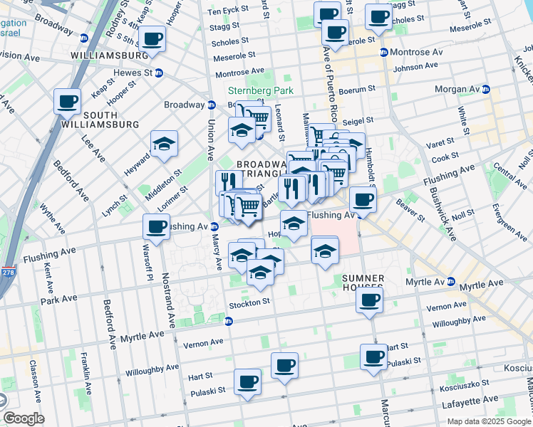 map of restaurants, bars, coffee shops, grocery stores, and more near 39 Bartlett Street in Brooklyn
