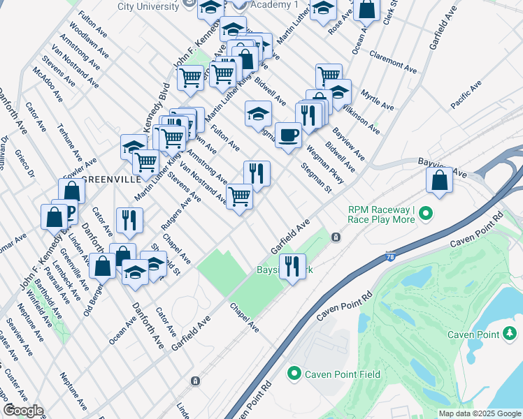 map of restaurants, bars, coffee shops, grocery stores, and more near 415 Ocean Avenue in Jersey City