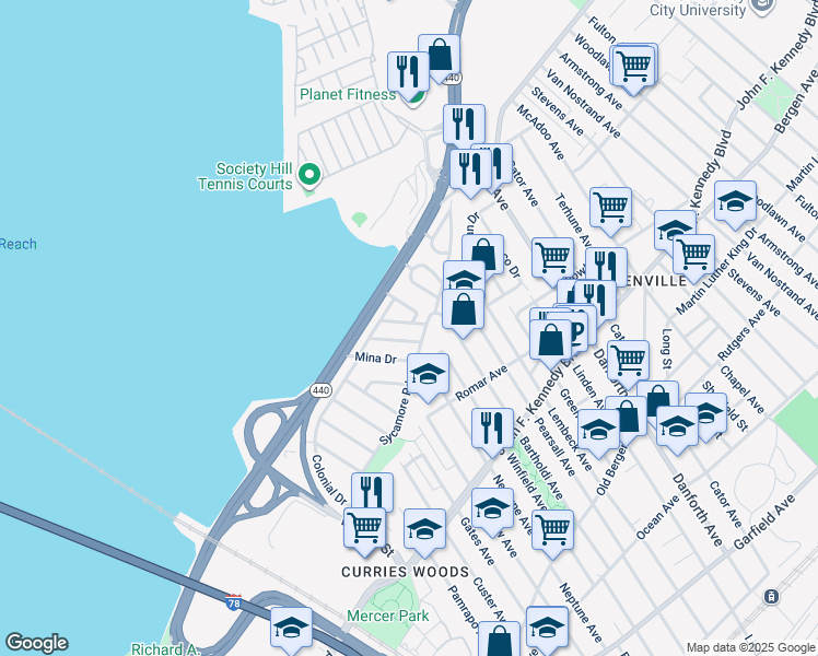 map of restaurants, bars, coffee shops, grocery stores, and more near 14 Pinecrest Road in Jersey City