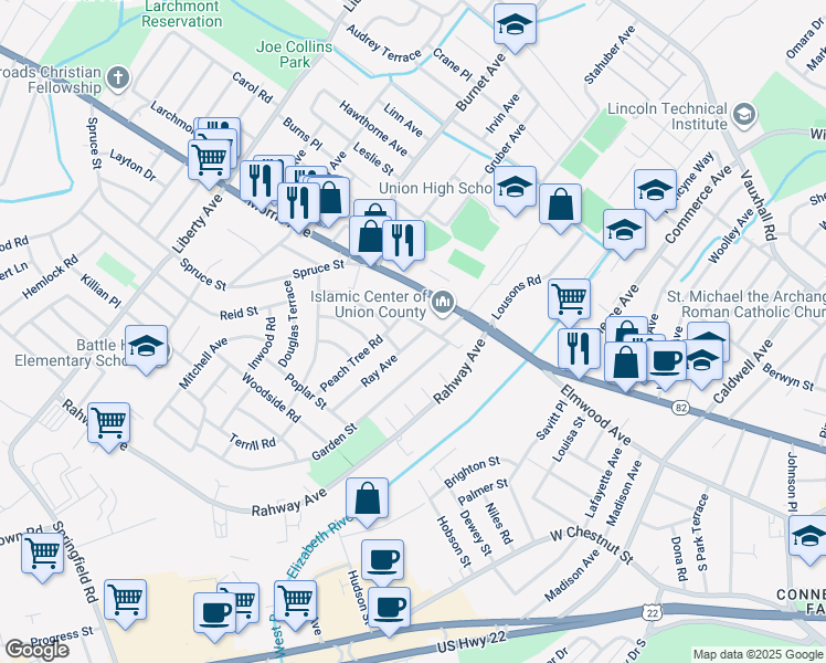 map of restaurants, bars, coffee shops, grocery stores, and more near 2427 Steuben Street in Union