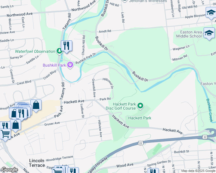 map of restaurants, bars, coffee shops, grocery stores, and more near 2020 Hillcrest Drive in Easton