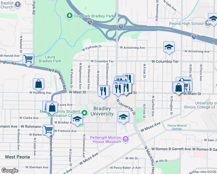 map of restaurants, bars, coffee shops, grocery stores, and more near 1026 North Elmwood Avenue in Peoria
