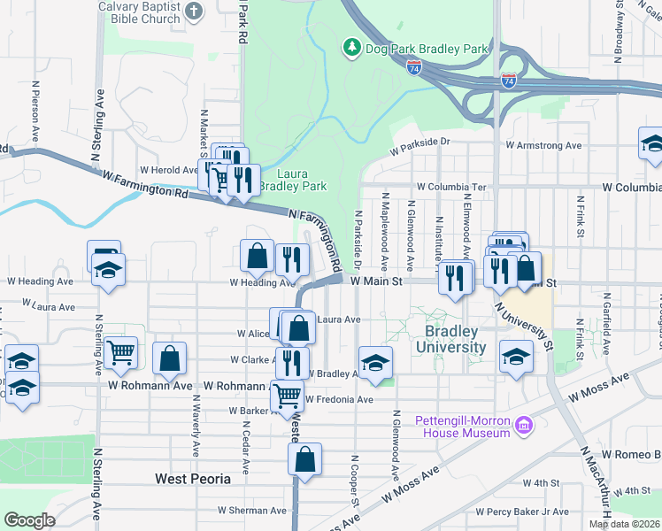 map of restaurants, bars, coffee shops, grocery stores, and more near 1101 North Farmington Road in Peoria
