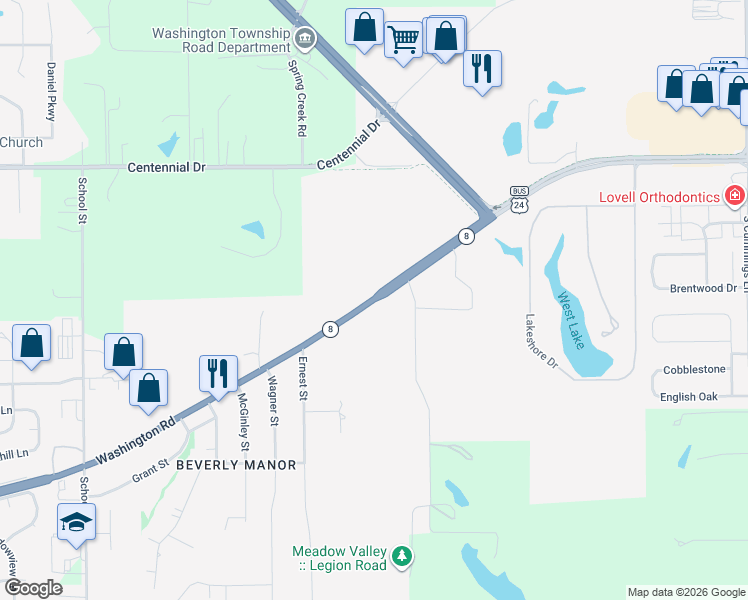 map of restaurants, bars, coffee shops, grocery stores, and more near 2094 Washington Road in Washington
