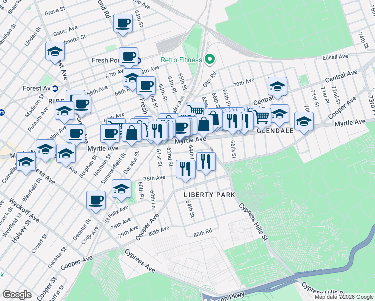 map of restaurants, bars, coffee shops, grocery stores, and more near 72-20 64th Place in Queens