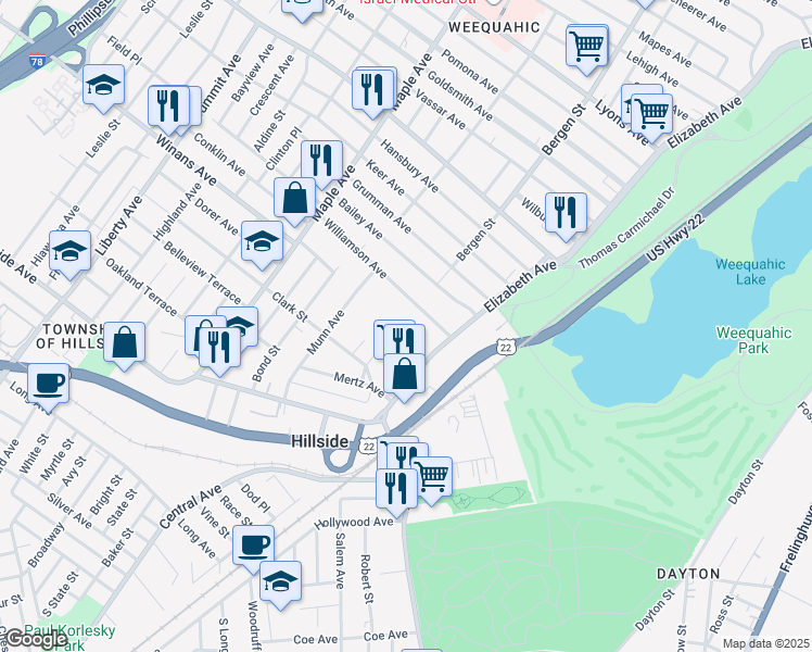map of restaurants, bars, coffee shops, grocery stores, and more near 45 Williamson Avenue in Hillside