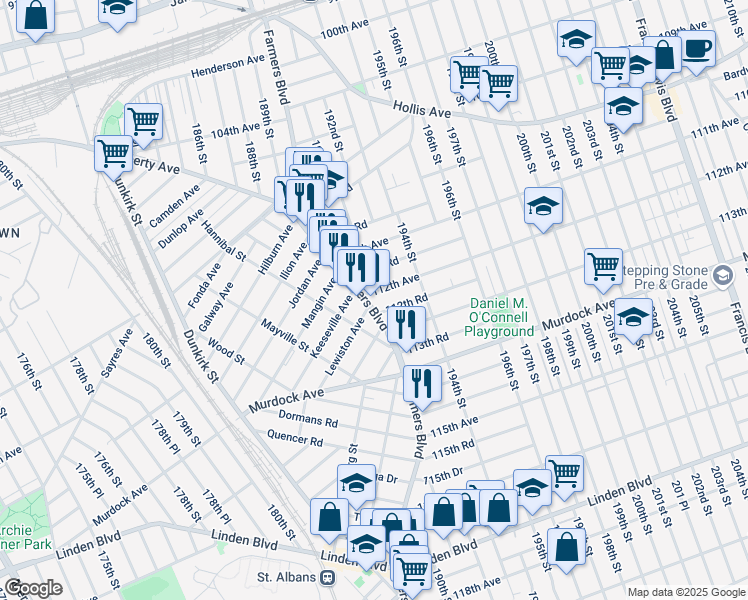 map of restaurants, bars, coffee shops, grocery stores, and more near 112-19 Farmers Boulevard in Queens