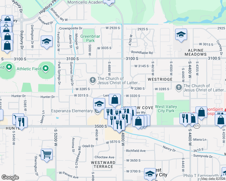 map of restaurants, bars, coffee shops, grocery stores, and more near 4828 West 3280 South in West Valley City