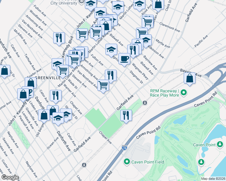 map of restaurants, bars, coffee shops, grocery stores, and more near 415 Ocean Avenue in Jersey City