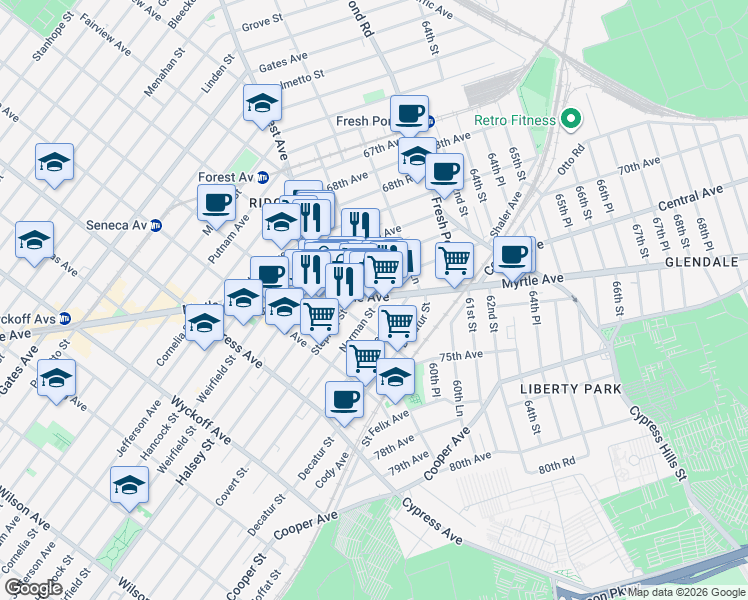 map of restaurants, bars, coffee shops, grocery stores, and more near 59-23 71st Avenue in Queens