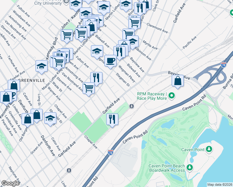 map of restaurants, bars, coffee shops, grocery stores, and more near 17 Bayside Place in Jersey City