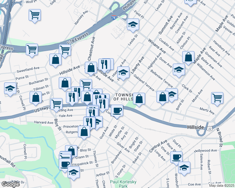 map of restaurants, bars, coffee shops, grocery stores, and more near 311 Florence Avenue in Hillside