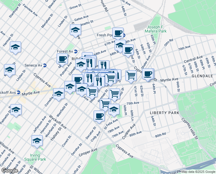 map of restaurants, bars, coffee shops, grocery stores, and more near 59-42 Myrtle Avenue in Queens