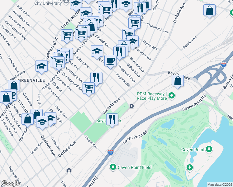 map of restaurants, bars, coffee shops, grocery stores, and more near 17 Bayside Place in Jersey City