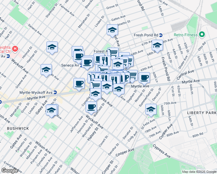 map of restaurants, bars, coffee shops, grocery stores, and more near Myrtle Ave & Seneca Ave in Queens