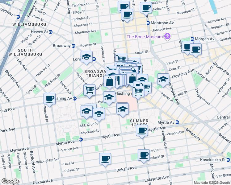map of restaurants, bars, coffee shops, grocery stores, and more near Flushing Avenue & Throop Avenue in Brooklyn