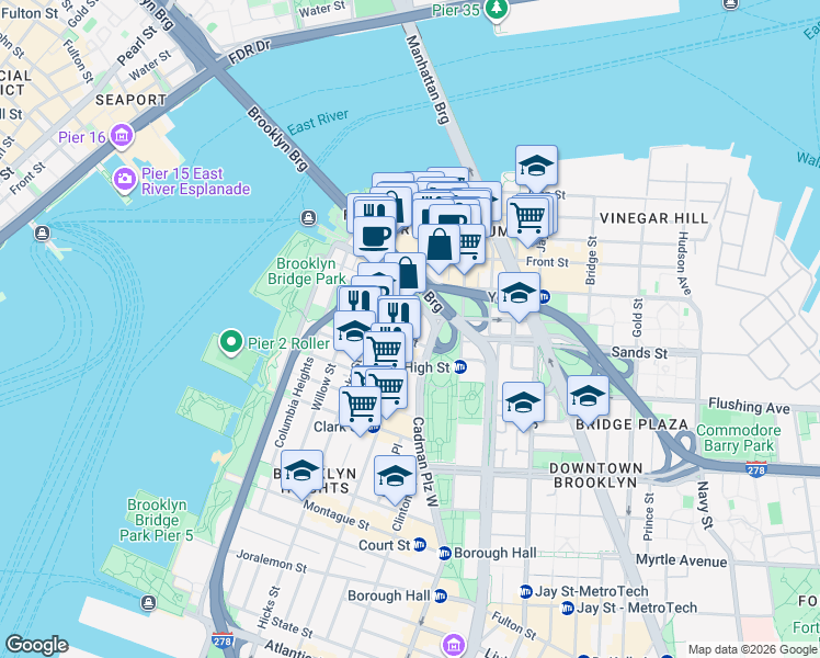 map of restaurants, bars, coffee shops, grocery stores, and more near 20 Henry Street in Brooklyn