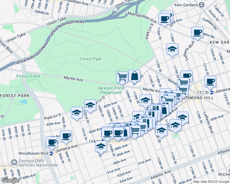 map of restaurants, bars, coffee shops, grocery stores, and more near 108-1 Park Lane South in Queens