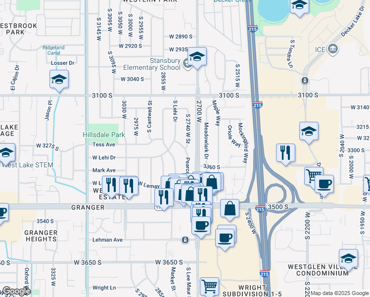map of restaurants, bars, coffee shops, grocery stores, and more near 3337 South Pearce Drive in West Valley City