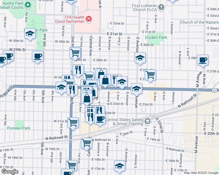map of restaurants, bars, coffee shops, grocery stores, and more near 210 East 25th Street in Kearney