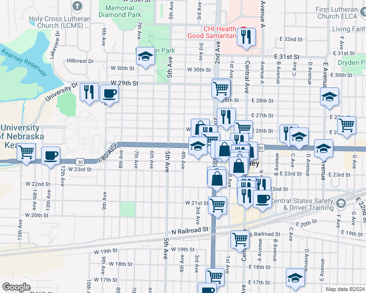 map of restaurants, bars, coffee shops, grocery stores, and more near 400 West 25th Street in Kearney