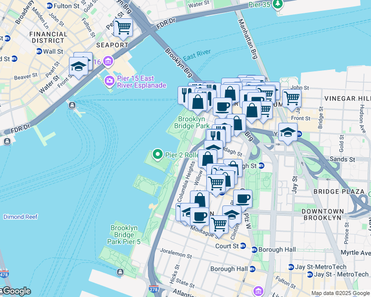 map of restaurants, bars, coffee shops, grocery stores, and more near 130 Furman Street in Brooklyn