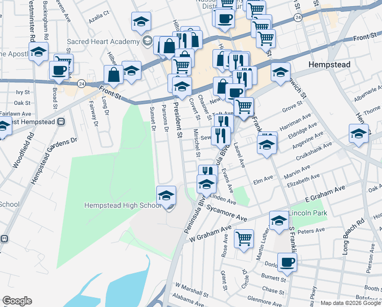 map of restaurants, bars, coffee shops, grocery stores, and more near 20 Whitson Street in Hempstead
