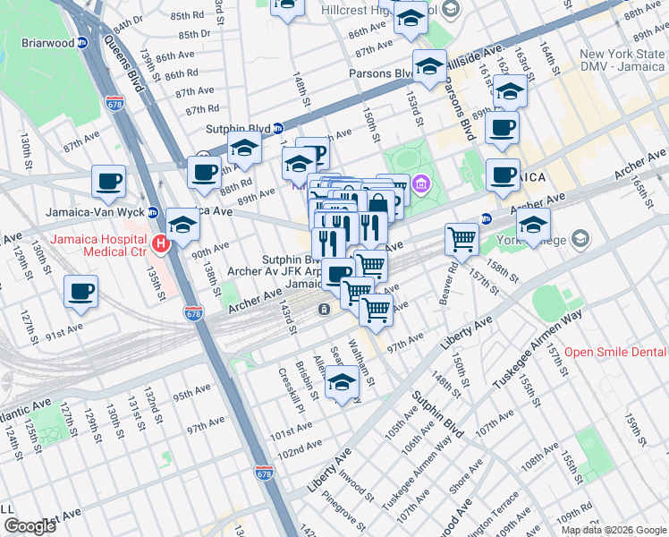 map of restaurants, bars, coffee shops, grocery stores, and more near 93-2 Sutphin Boulevard in Queens