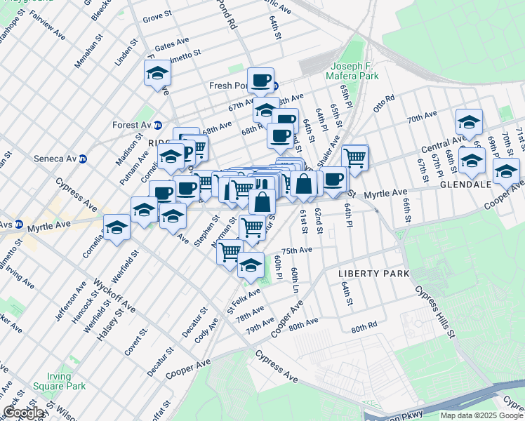 map of restaurants, bars, coffee shops, grocery stores, and more near 60-63 Myrtle Avenue in Queens