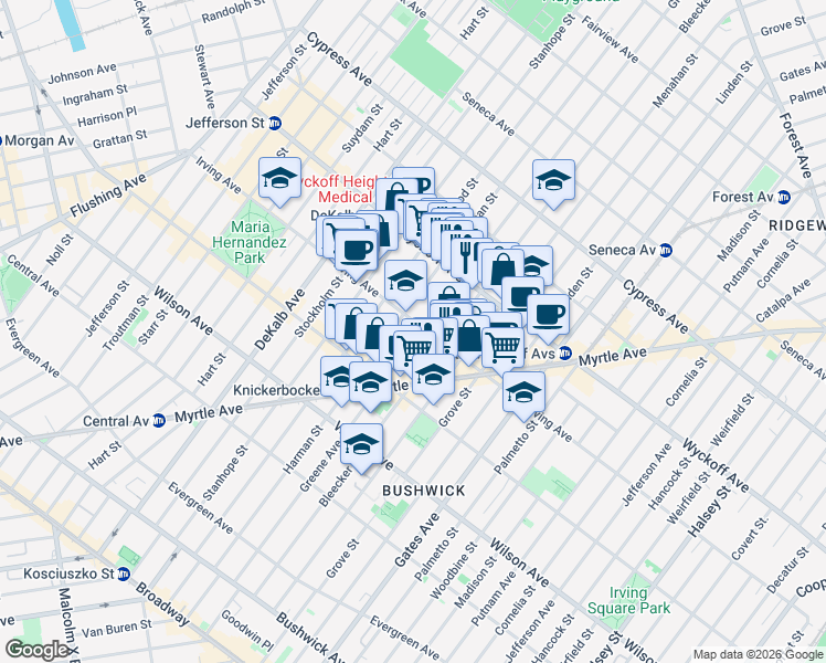 map of restaurants, bars, coffee shops, grocery stores, and more near 1371 Greene Avenue in Brooklyn