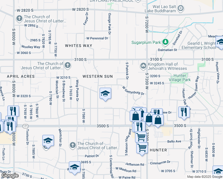map of restaurants, bars, coffee shops, grocery stores, and more near 7399 West Gettysburg Drive in Magna