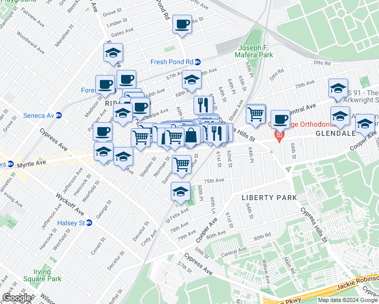 map of restaurants, bars, coffee shops, grocery stores, and more near 60-40 Myrtle Avenue in Queens