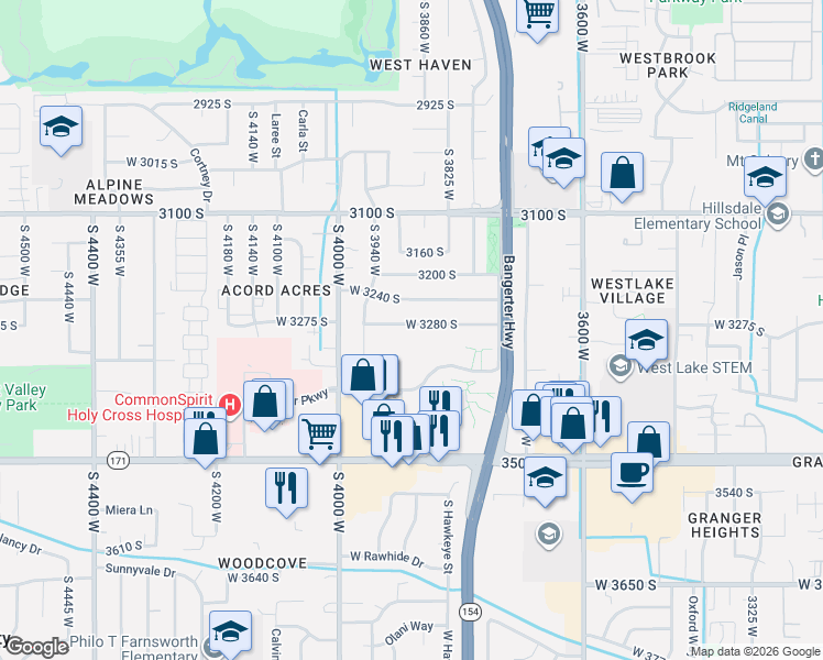 map of restaurants, bars, coffee shops, grocery stores, and more near 3883 West 3280 South in West Valley City