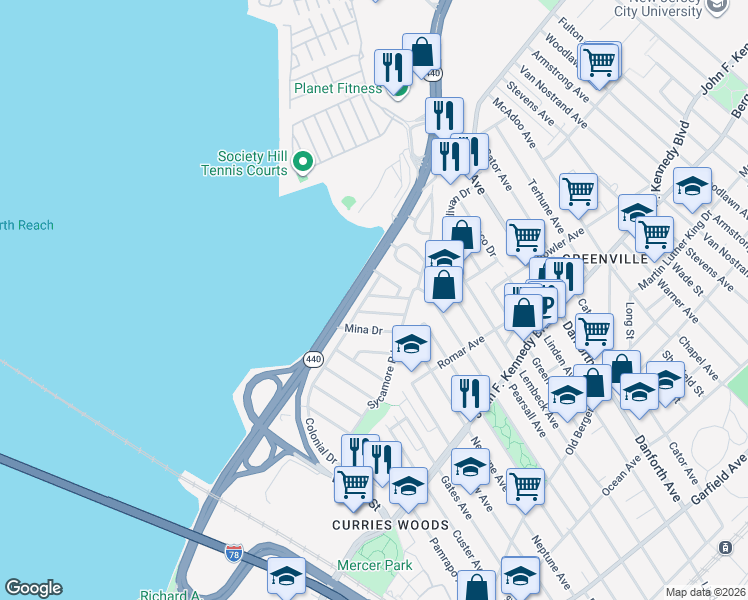 map of restaurants, bars, coffee shops, grocery stores, and more near 79 Riverview Road in Jersey City