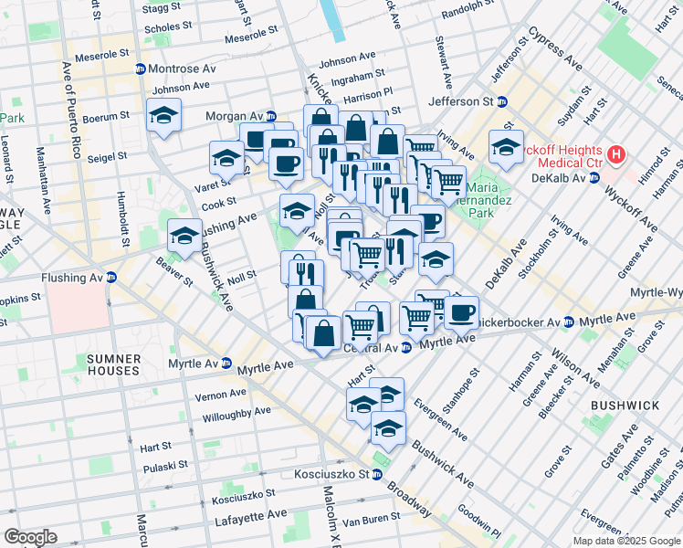 map of restaurants, bars, coffee shops, grocery stores, and more near 69 Melrose Street in Brooklyn