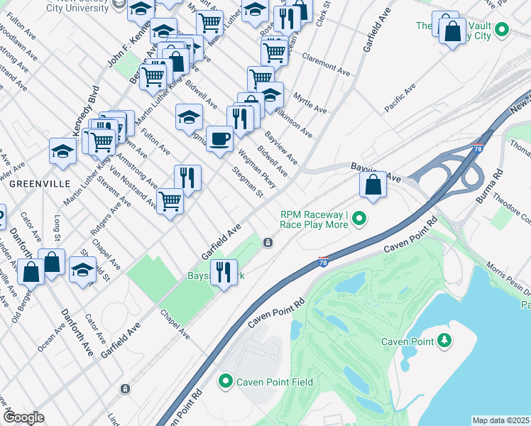 map of restaurants, bars, coffee shops, grocery stores, and more near 593 Garfield Avenue in Jersey City