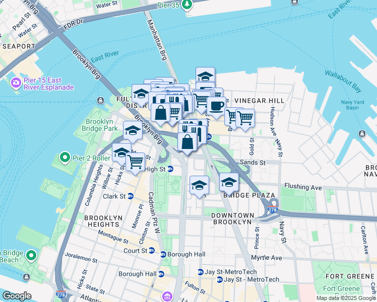 map of restaurants, bars, coffee shops, grocery stores, and more near 117 Adams Street in Brooklyn